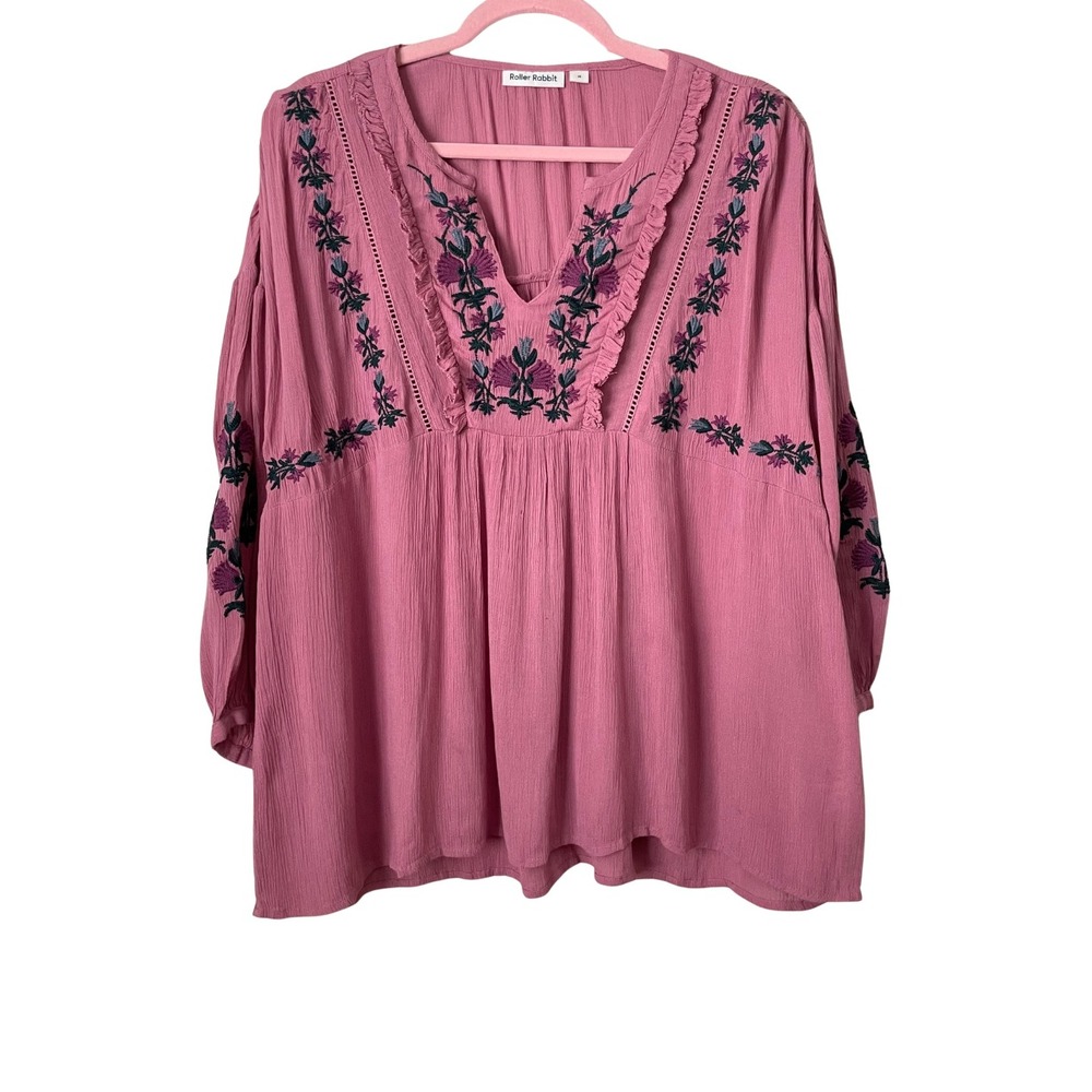 Roller Rabbit Top Womens Medium Floral Embroidered Gauze Peasant Boho Cottage